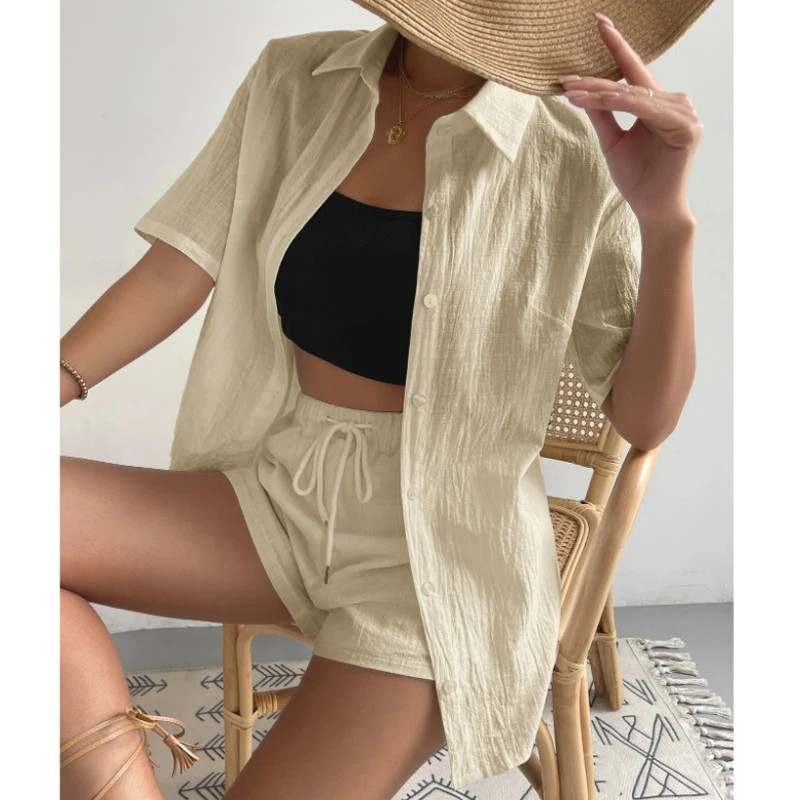 Summer Short Sleeve Turn Down Collar Shirt Drawstring Wide Leg Shorts Cotton Linen Two Piece Set Casual Loose 2 Piece Suit 26301