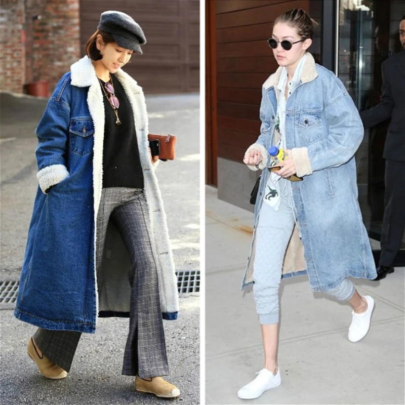 

Denim Parkas Coats Moto Biker Jeans for Women Mid Length Jackets Pocket Turn Down Collar Single Breasted Casual Autumn Winter