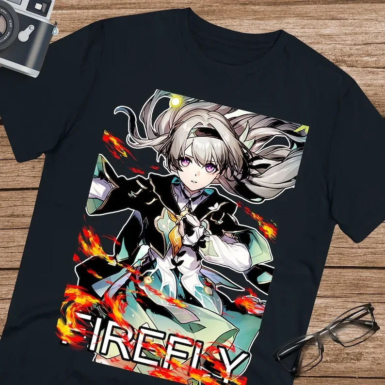 原宿カワイイfireflyプリントTシャツ,ショートキャースターレールスリーブTシャツ,カジュアルユニセックスウェア,夏