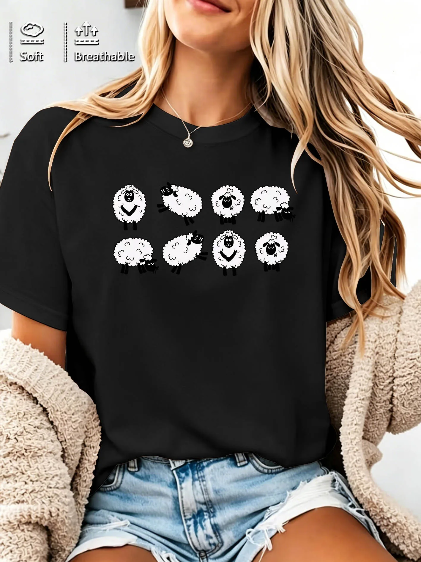 Women Crew Neck Tee Cute Cartoon Sheep Graphic Print Short Sleeve Loose Ladies Summer Soft Cotton Plus Size Casual Street Top