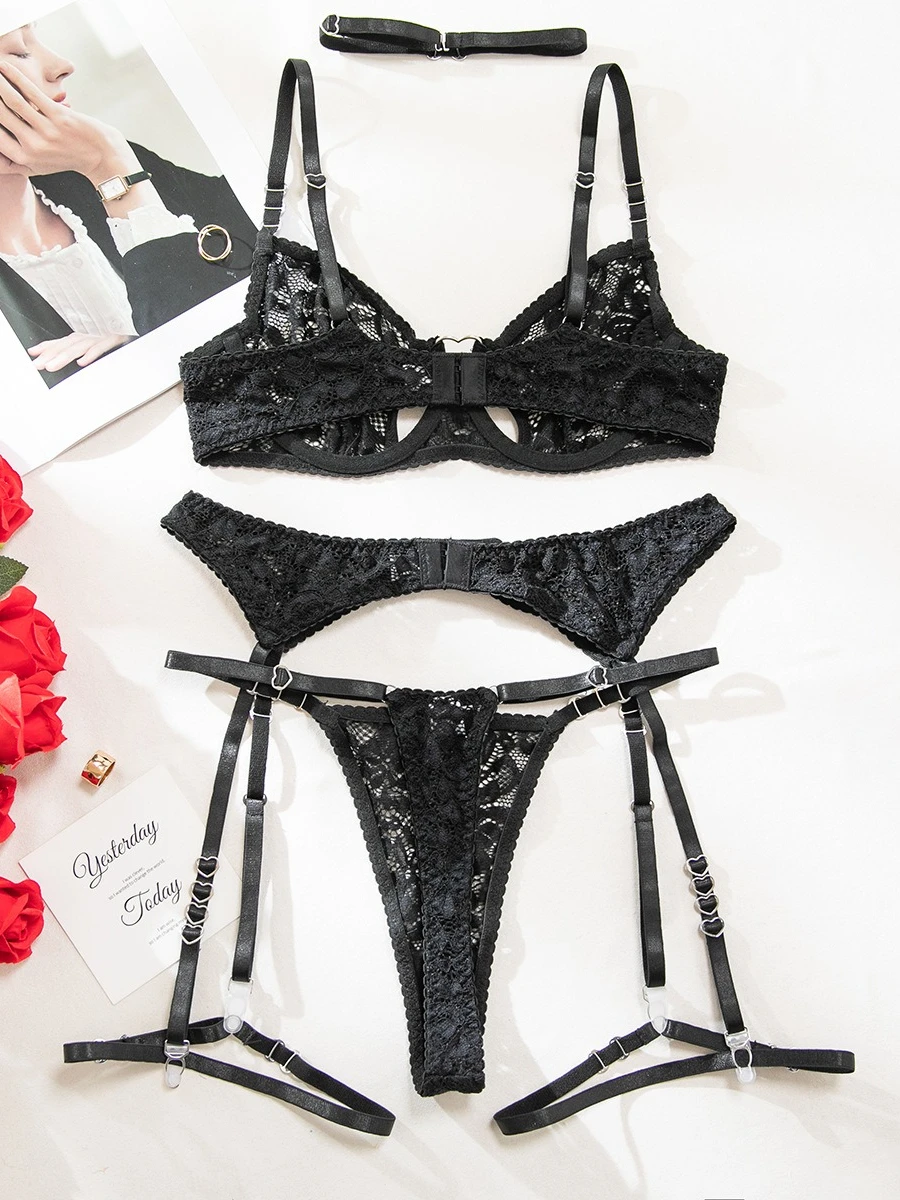 SsTss sexy zwarte kanten lingerie 5-delige set dames uitgesneden hartvormige sluiting charmante bh panty set met kousenband ondergoed sets