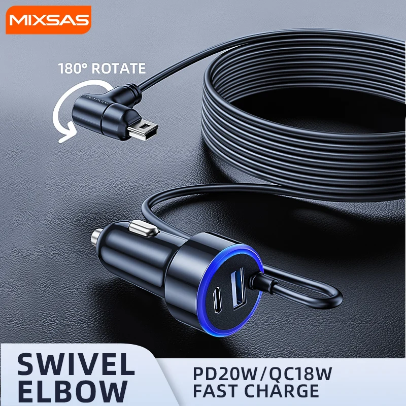 MIXSAS Mini USB Car DashCam Charger Cable Cigarette Lighter PD20W QC180W Fast Charging 3IN1 Car Power Charger 2Port DVR Adapter