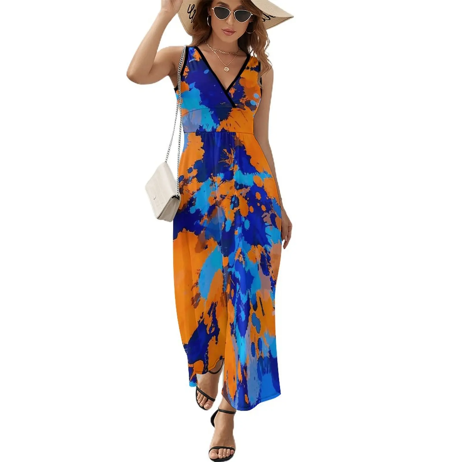 Blue And Orange Graffiti Dress Summer Paint Splatter Streetwear Boho Beach Long Dresses Womens High Waist Vintage Maxi Dress