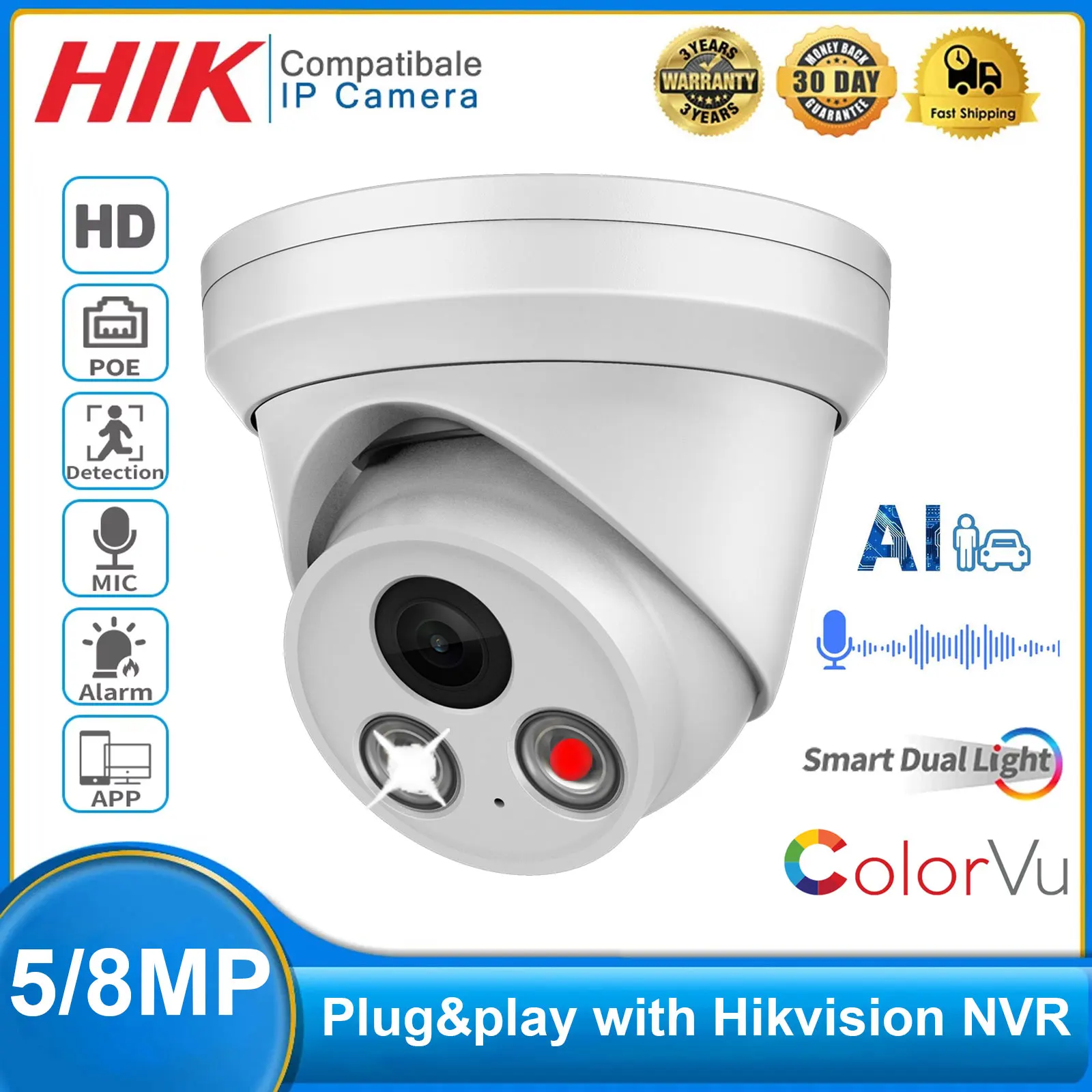 

Hikvision Compatible 4K HD IP Camera 5MP 8MP Smart Security Surveillance with Dual Light IR Color Night Vision And Built-in Mic