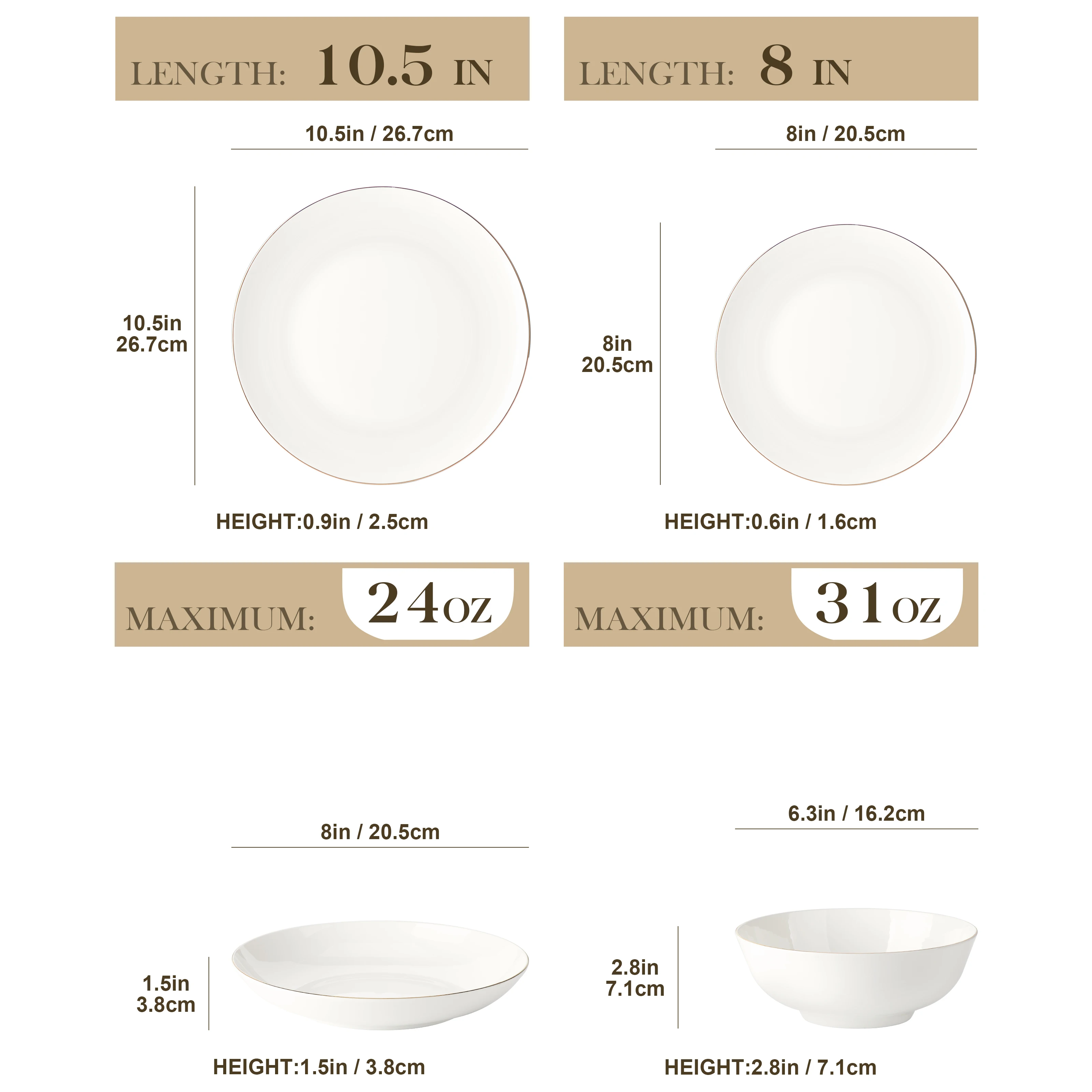 MALACASA 16/32-PCS Nordic European Golden Rim White Bone China Tableware Set with Bowl,Dinner&Dessert&Soup Plate Set for 4