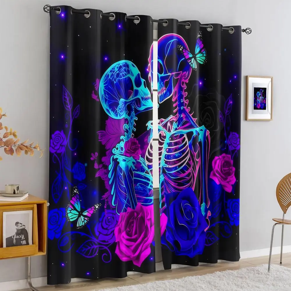 Neon Skeleton Rose Butterfly Printed Curtains 2 Panels Light Blocking Rate 85% Darkening Gothic Bedroom Window Curtains