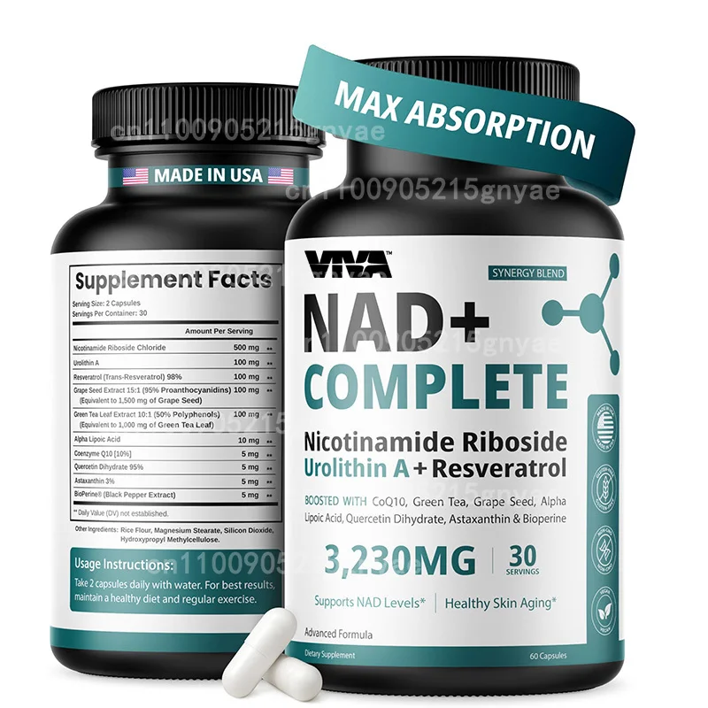 

NAD Supplement Nicotinamide Ribose Resveratrol, Cell Support, Energy Enhancement, Anti-aging 60 Capsules