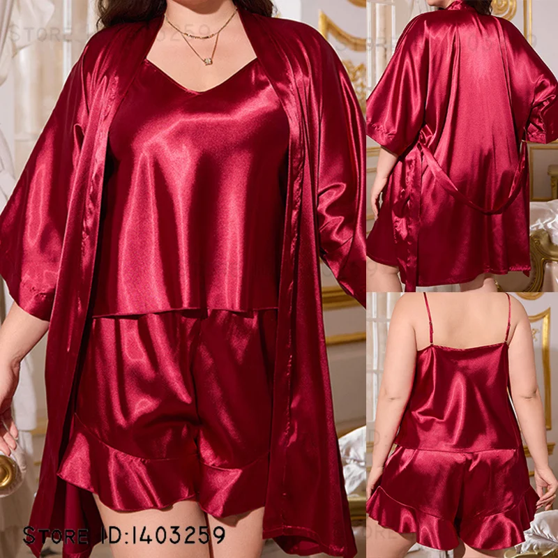

Плюс размер 4XL 5XL пижама комплект из 3 предметов летняя женская одежда для сна нижнее белье сексуальный бордовый атласный халат свободная домашняя одежда домашняя одежда