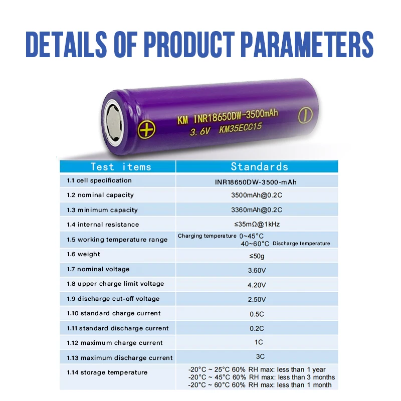 18650 low-temperature lithium battery, 3500mAh large capacity over temperature lithium battery, -40 ° C discharge lithium batter