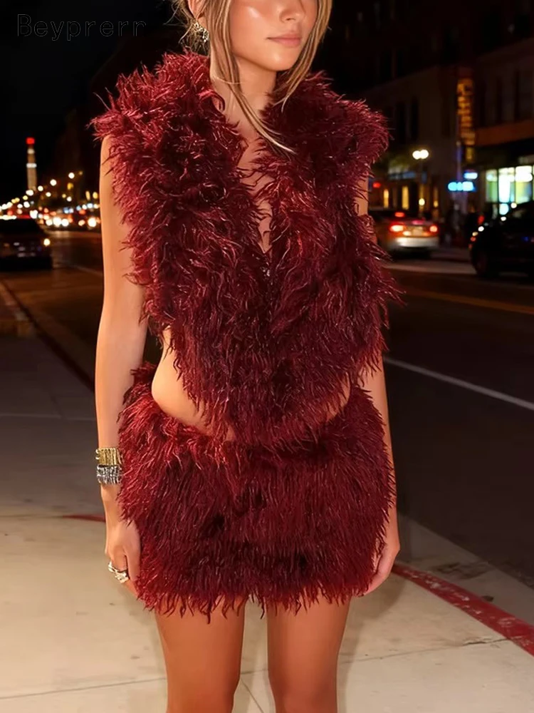 

Beyprern милые толстовки с открытой спиной из искусственного меха для девочек, укороченный топ и юбка, комплект, пушистое платье из двух предметов, роскошное платье для дня рождения, вечерние, клубная одежда