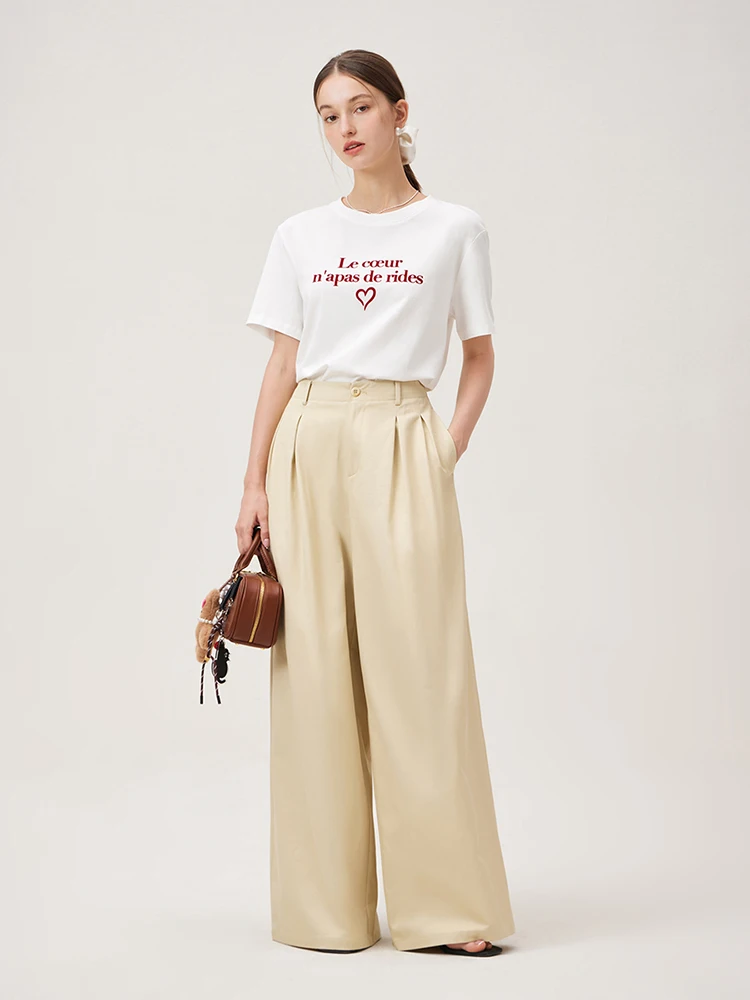 FSLE Women Full Length Summer Pants Commuter Wide Leg White Long Trousers Pleated Design Female Khaki Loose Thin Pant 24FS12900