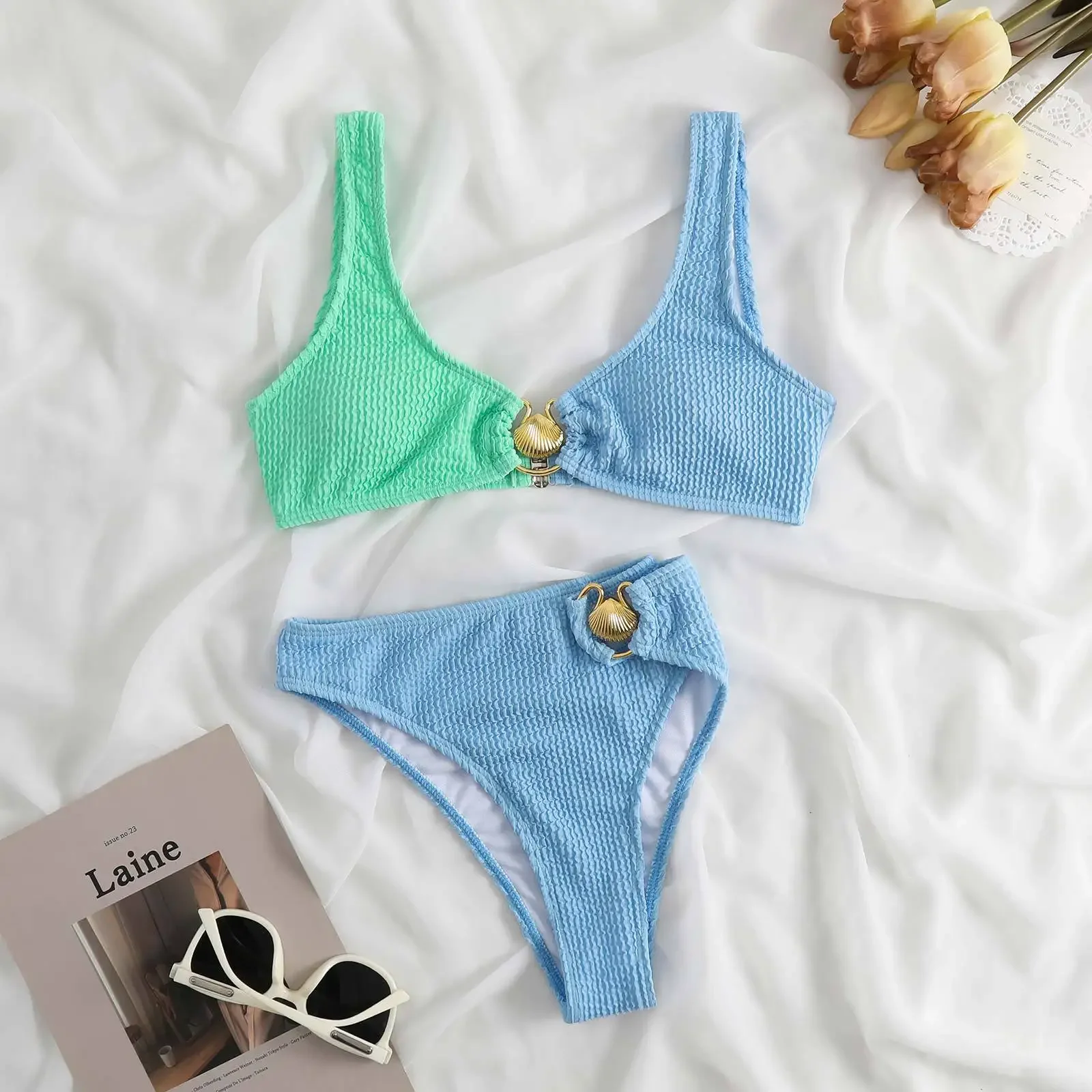 Jucloe 2023 Gân Bikini Vỏ Quần Áo Bơi Nữ Push Up Bikini Set Đồ Bơi Gợi Cảm Brasil Biquini Mặc Đi Biển Áo Tắm Mujer