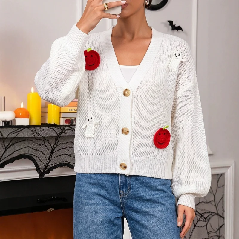Halloween Sweater Autumn and Winter Women's Sweater Hand Hook Pumpkin Decoration Knitted Cardigan Short Casual Women's Coat