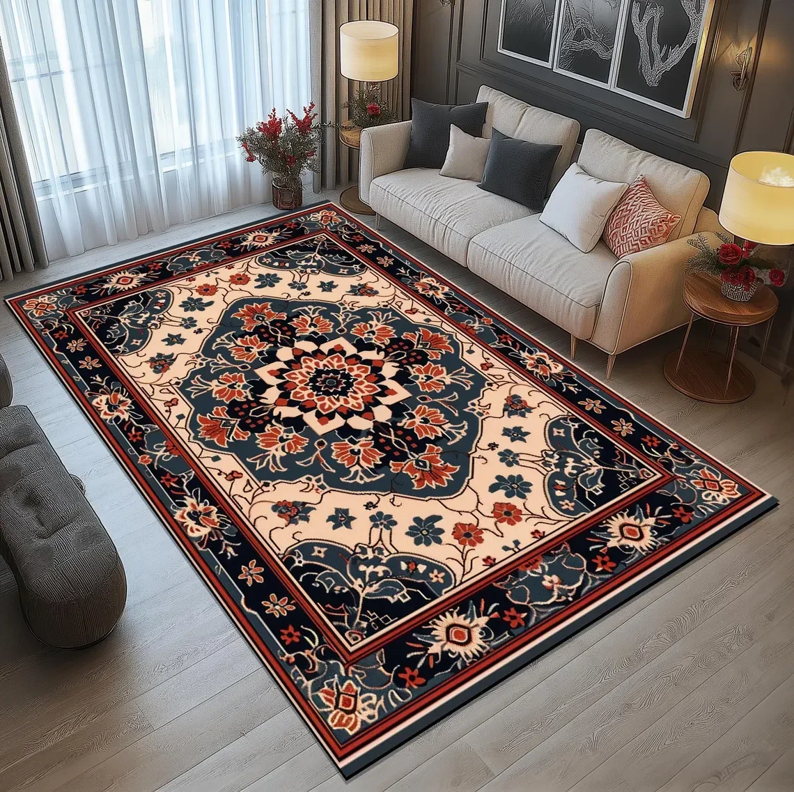 Vintage Look Rug, Terracotta and Navy Print Carpet, Medallion Hallway Rug, Traditional Print Area Rug, Non Slip Rug
