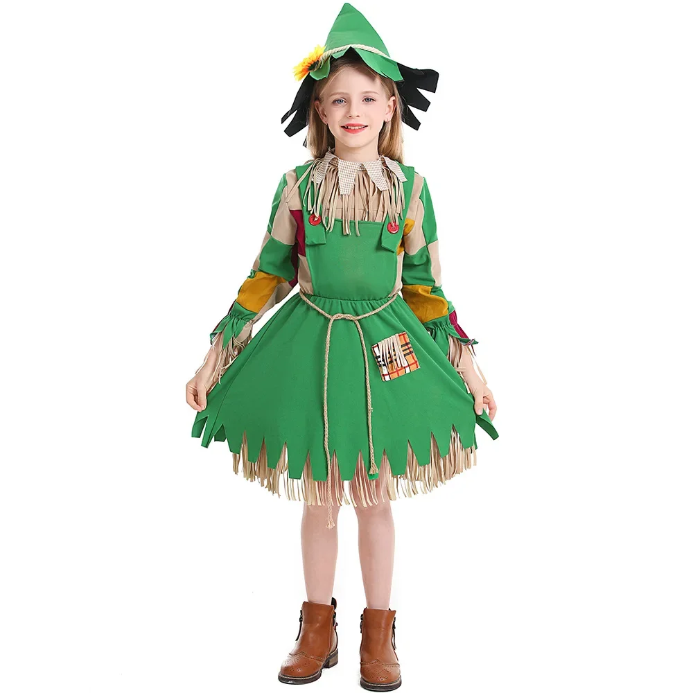 Halloween Children's Costume Green Fake Two Girl Witch Dress With Flower Patch Puppet Doll Costume