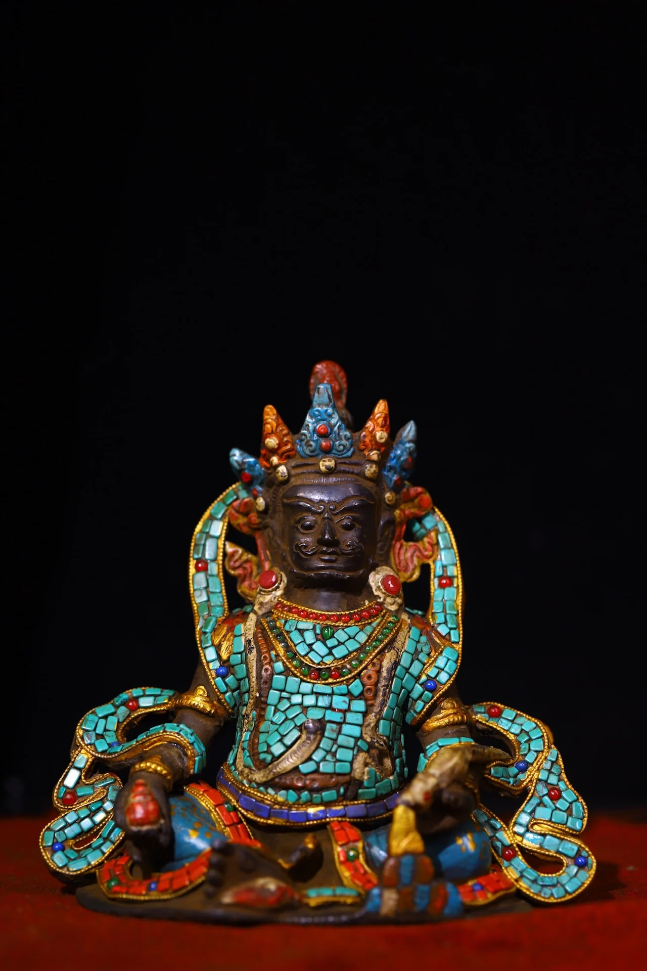 

6"Tibetan Temple Collection Old Bronze Painted Mosaic Gem gZi Beads Turquoise Yellow Jambhala Sitting Buddha Worship Hall
