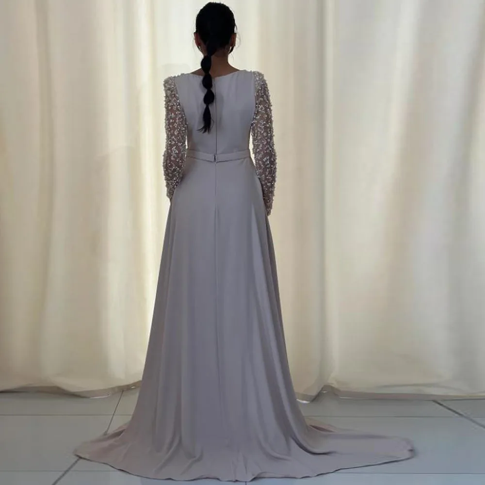 Vestidos de noite elegantes personalizados com contas e trem destacável, decote em v, manga comprida, vestido formal para mulheres, vestido de celebridade de cetim