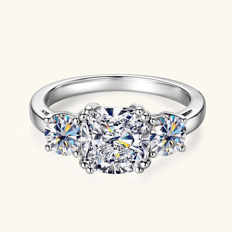 Lnngy Round Cushion Cut Moissanite Engagement Ring for Women 925 Sterling Silver Three Stone Wedding Ring Sparkling Jewelry Gift