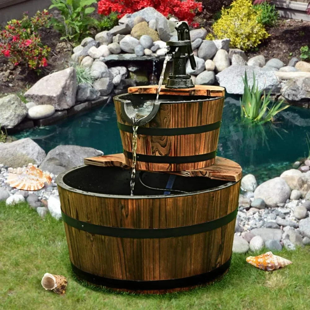 2-Tier Barrel Waterfall Fountain, Rustic Wood Barrel Cascading with Electric Decorative Hand Pump, Outdoor Water Feature