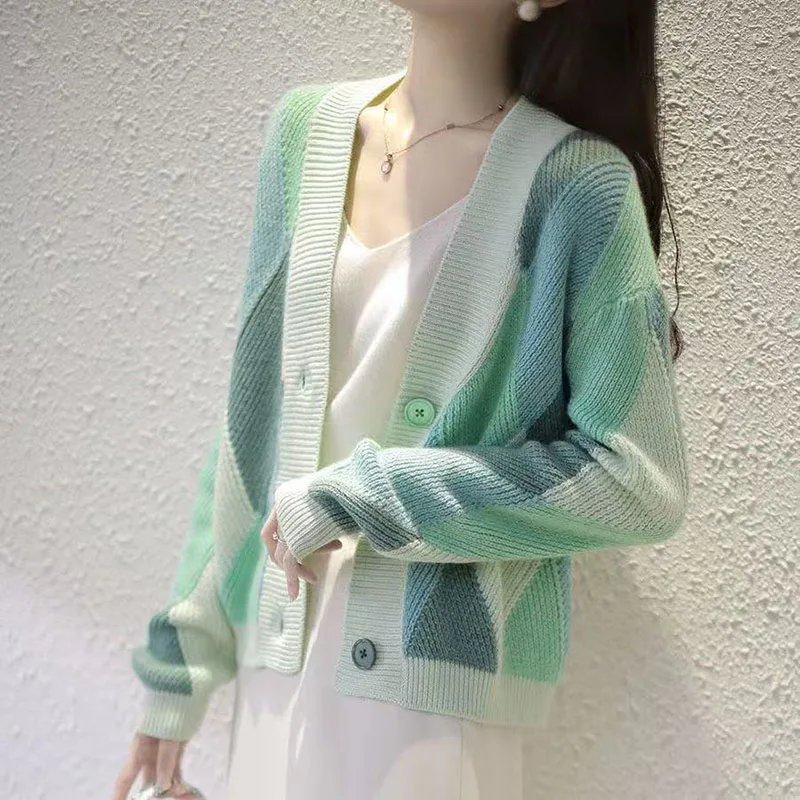 2025 Women Fashion Loose Fitting Knitting Spring Autumn Color Blocking Female Sweater New Long Sleeves Ladies Knitwear Cardigan