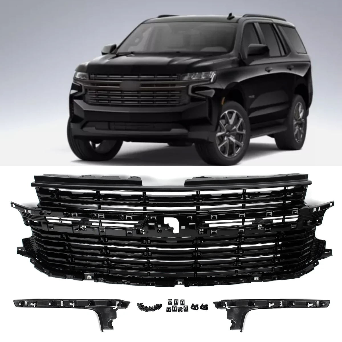 Glossy Black Front Hood Grille Modified Grill For 21-2024 Chevy Tahoe/Suburban LT Front Bumper Upper Grille Radiator Grid Grill