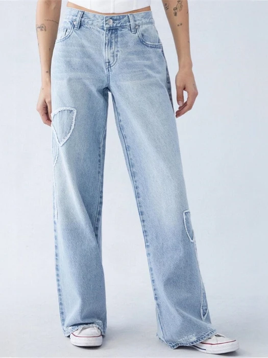 

Casual Loose Straight Leg Embroidered Jeans Women's Long Pants Faionable Comfortable Classic Blue Denim Trousers