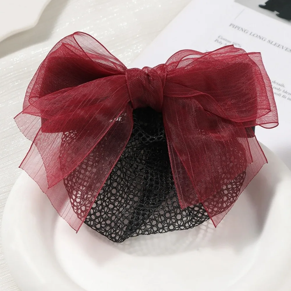 

Elegant Bowknot Net Bun Snood Vintage Convenient Hair Bun Cover Crochet Satin Gauze Women Spring Clips Professional Headdress