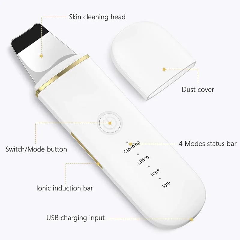 Purificador ultrassônico da pele, limpeza facial de íon, espátula vibratória para cravo, acne, esfoliante, máquina de levantamento facial