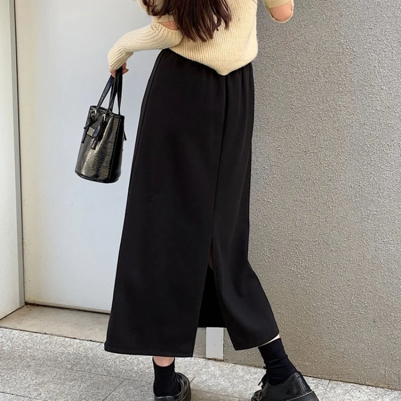 Retro Woolen Gerade bein Rock Büro Damen Herbst Winter Dicke Midi Rock Weiblichen Koreanischen Mode Alle Spiel Outwear Faldas mujer