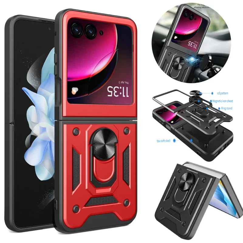 

For MOTO Razr 50 40 Ultra Plus 2023 2024 Magnet Ring Phone Case Camera Slide Military Grade Armor Protect Silicone Cover Cases
