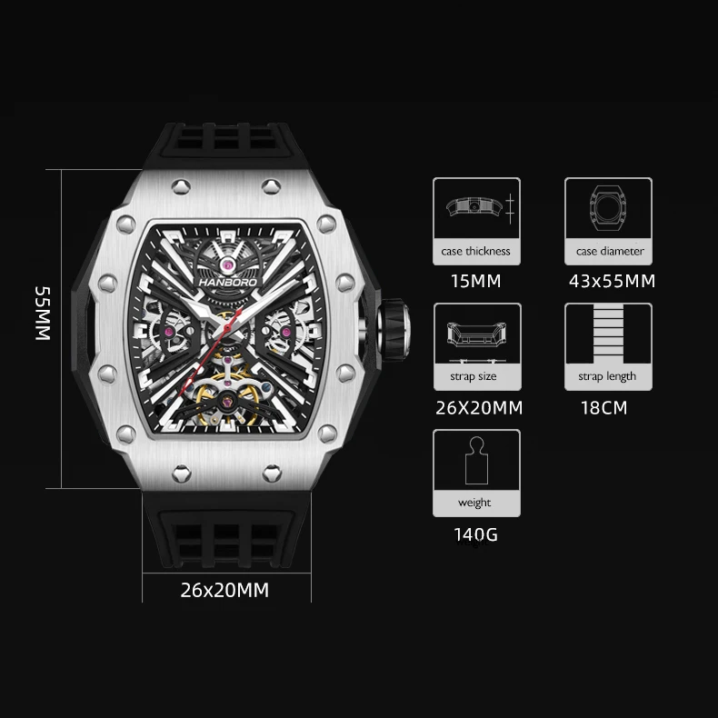 HANBORO Men Automatic Watch Luxury Watches Fashion Mechanical Wristwatch Luminous Skeleton Tonneau Case Waterproof Rubber Strap