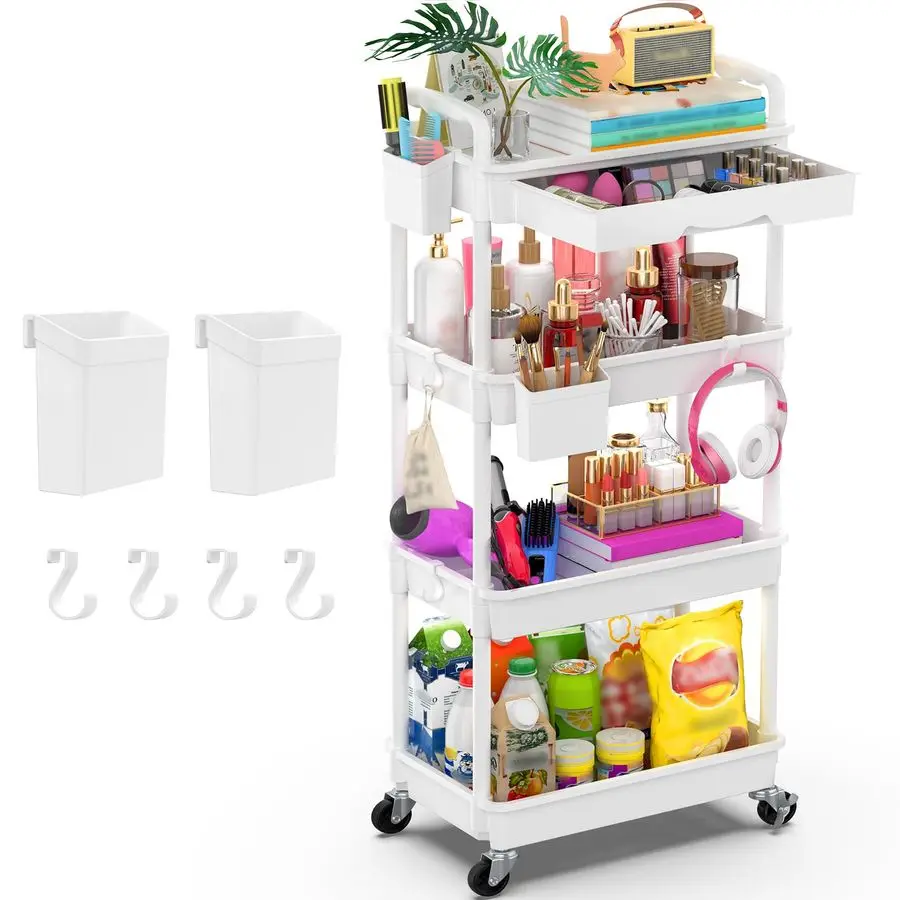 

4 Tier Rolling Utility Cart Organizer with Removable Drawer, Stable and Sturdy White Rolling Storage Carts with 2 Lockable Whee