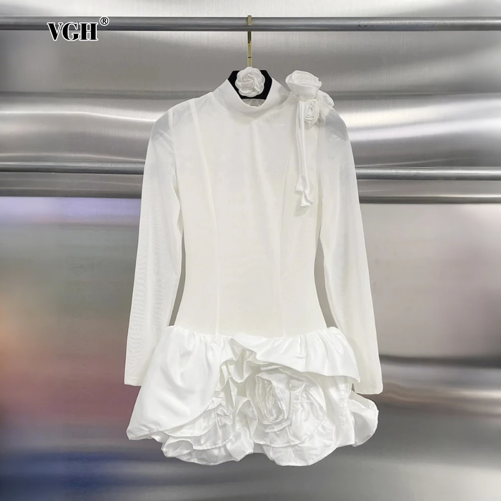 

VGH White Patchwork Appliques Ball Gown for Women High Collar Long Sleeve Patchwork Sheer Mesh Tunic Party Mini Dresses Female