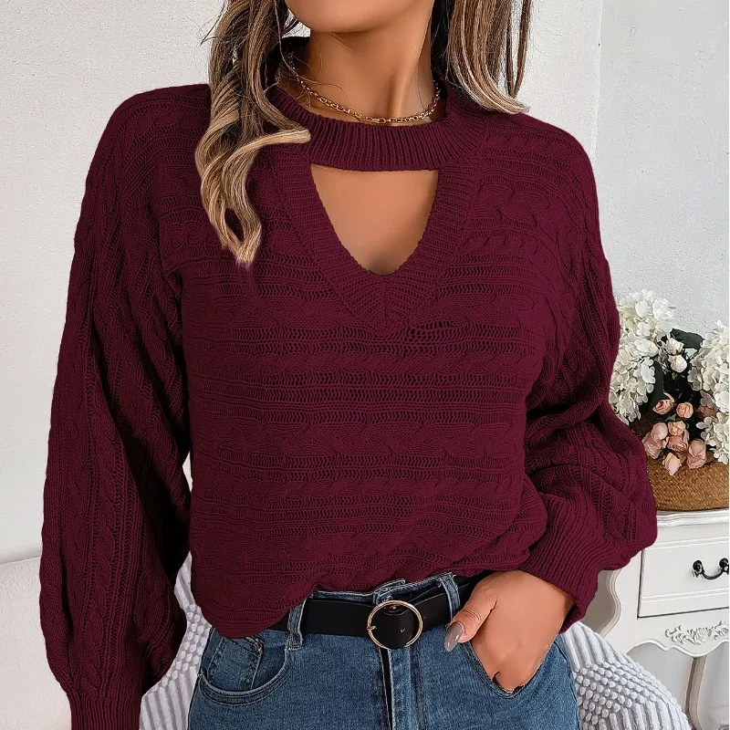 Autumn and Winter Women\'s Pullover Round Neck Long Sleeve Solid Hollow Fried Dough Twists Loose Fashion Casual Sweater Tops