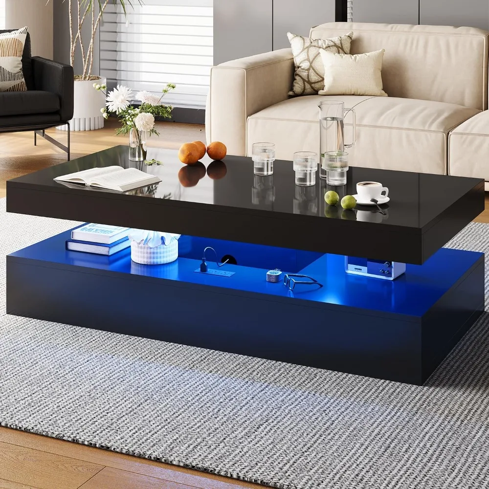 

47” High-Glossy LED Coffee Table with 2 Sliding Drawers, Living Room Storage Coffee Tables, Modern Stylish Double-Layer Center T
