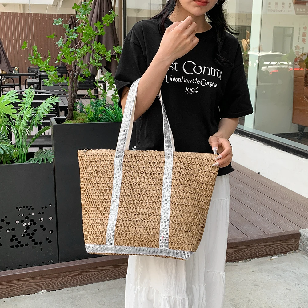 

Women Straw Tote Handbag Large Capacity Sequins Crochet Beach Handbag Contrast Color Minimalist Tote Bag Ladies Summer Daily Bag