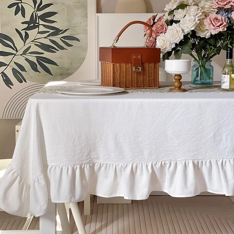 100% CottonTable Cover Retro Farmhouse Ruffle Tablecloth Soft Water-washed Tablecloths for Rectangle Party Wedding Decor Durable