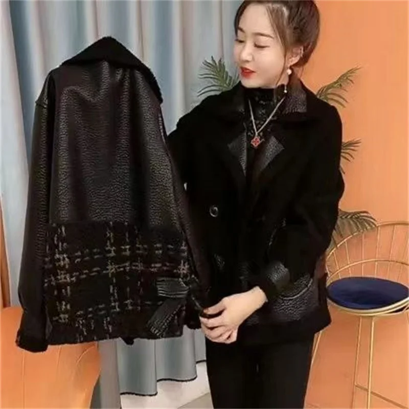 Autumn Winter Long Sleeves Female PU Leather Outwear Lattice Faux Leather Ladies Tops 2024 Large Size 5XL Women Leather Jacket