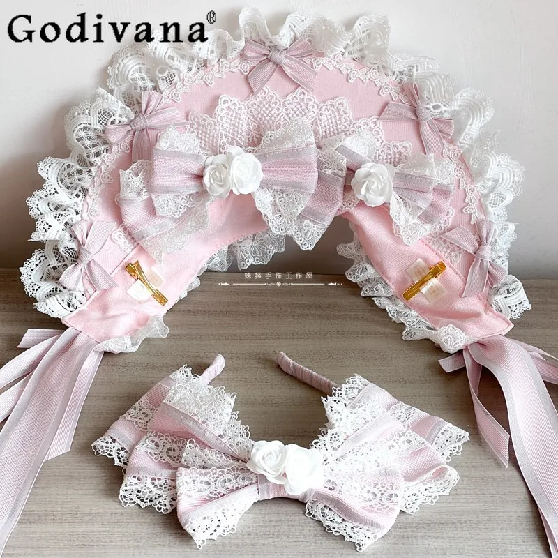 

Girls Sweet Cute Flower Pink Clips Lolita Kawaii Flower Wedding Lace Bow Bnt Headwear Women Summer Princess Hair Accessories