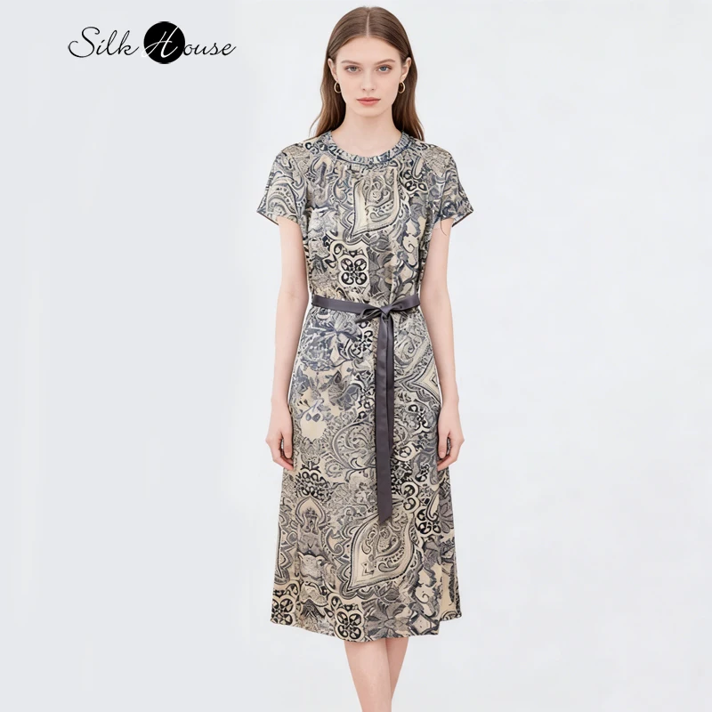 

Women's Fashionable Spring/Summer Clothing 91.8% Natural Mulberry Silk Elastic Satin Lace Up Round Neck Short Sleeved Dress