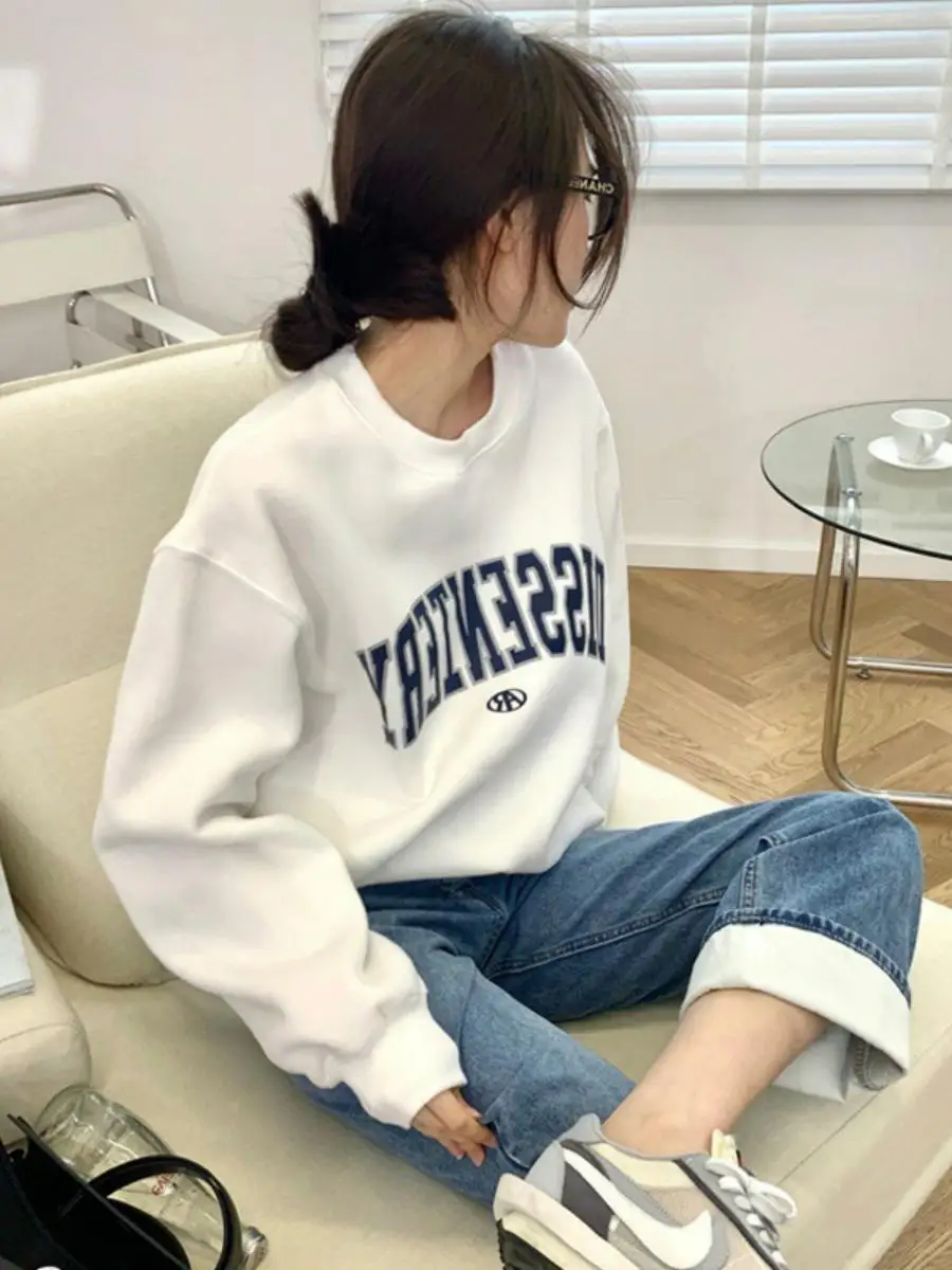 

Женская модная верхняя одежда Slim Fit с круглым вырезом и буквенным принтом, осень 2023, в корейском стиле, свободный студенческий топ-пальто