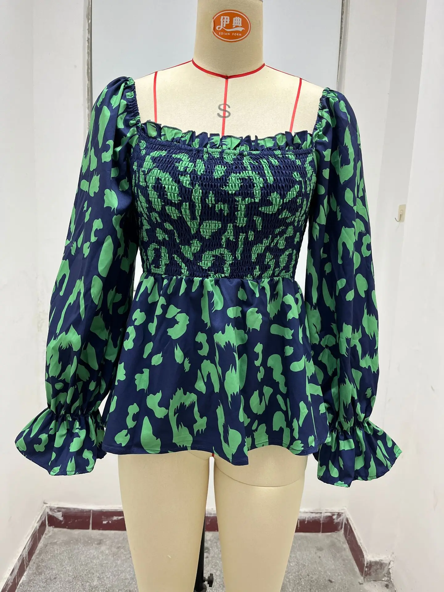 Frauen Bluse Leopard Print Top Quadrat Kragen Flare Hülse Essbaren Baum Pilz Blusen Chiffon Hemd Herbst Büro Dame