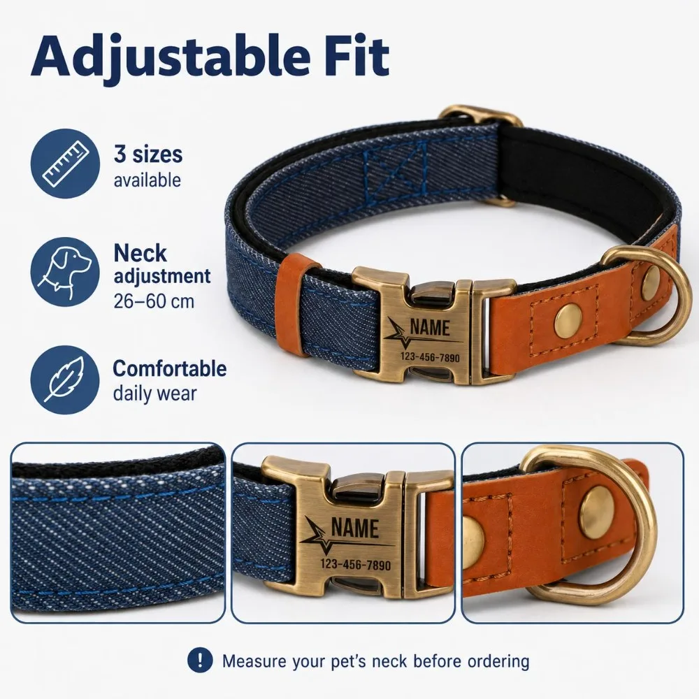 Vintage Denim Patchwork Personalized Dog Collar, Custom Metal Buckle Engravable ID Tag, Adjustable Breakaway Collar for Dogs
