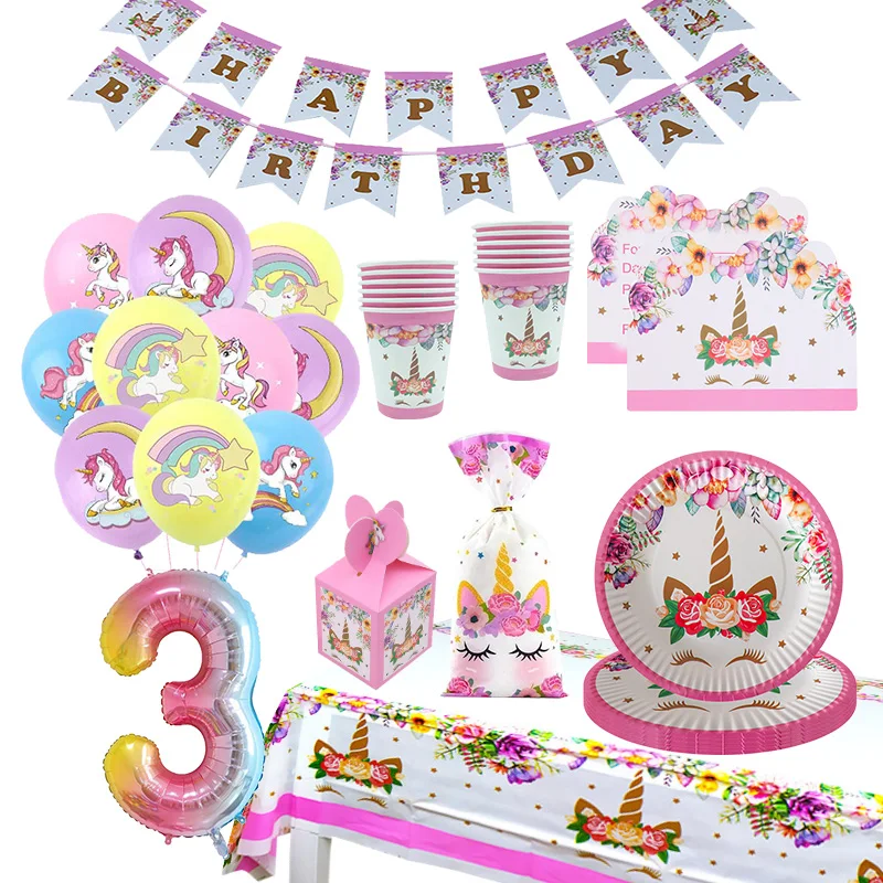 Unicorn Birthday Decoration Supplies Tableware Set Plate Cup Napkin Tablecloth Balloons Banner Backdrop Girl Party Supplies