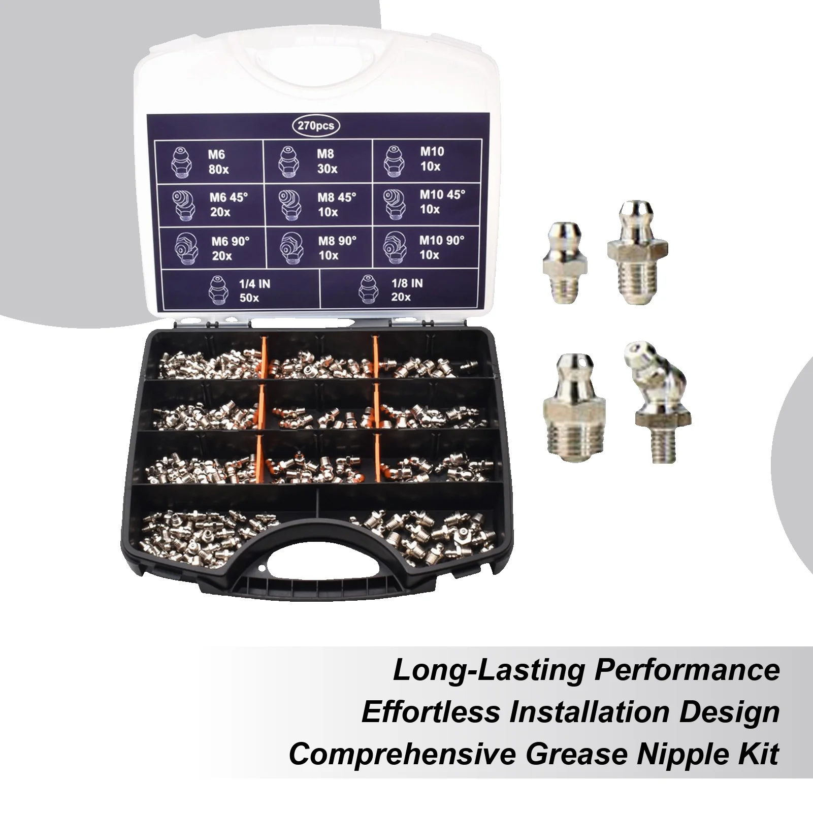 

Grease Nipple Assortment 270 Pieces Industrial Galvanized Zerk Kit Sturdy Versatile Mechanical Lubrication Accessories for
