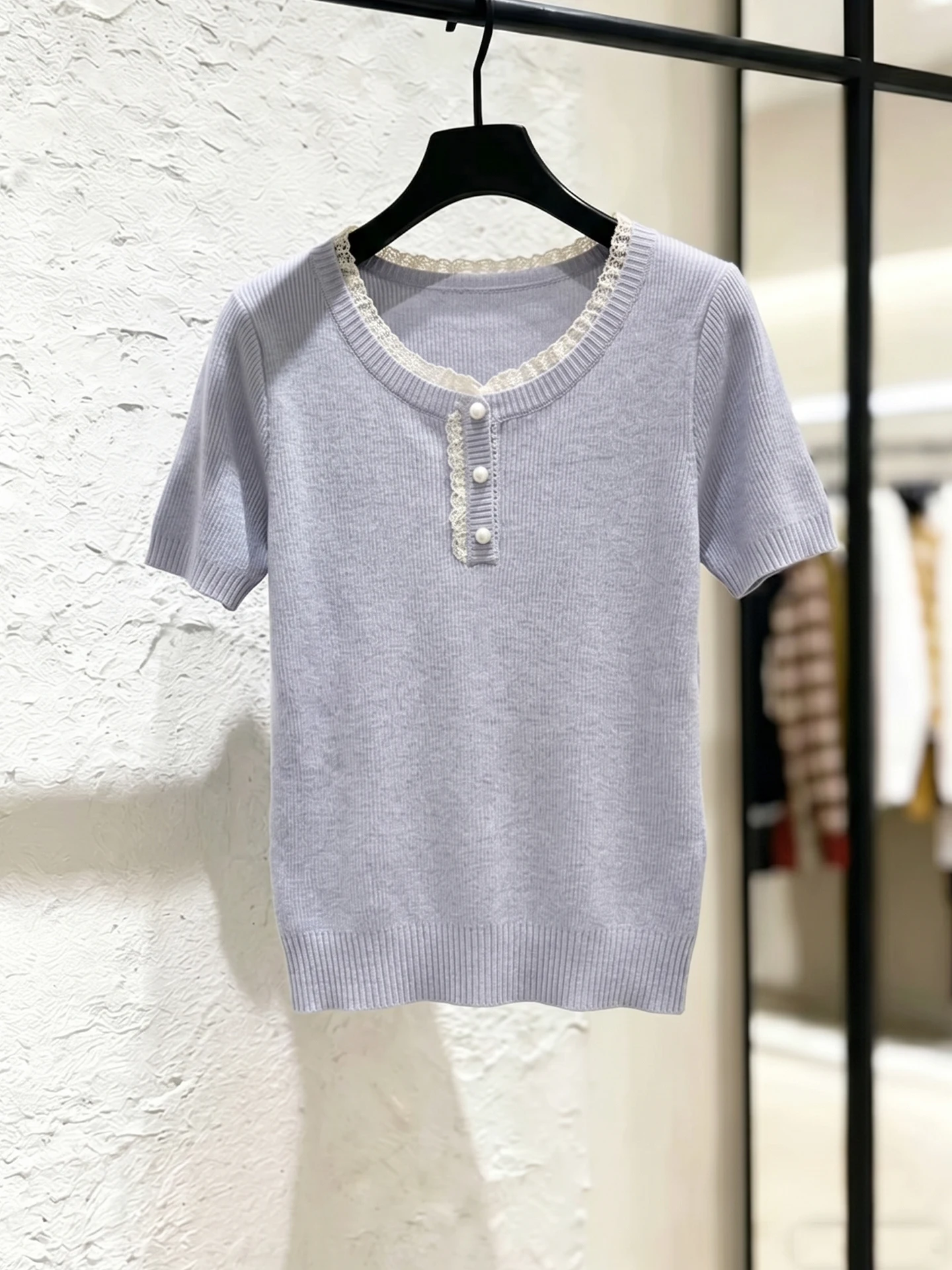 

Comfortable Lace Splice Design Knitted Short Sleeve Overhead Top Commute Versatile Soft Summer Fashion Korean Style Straight Cut