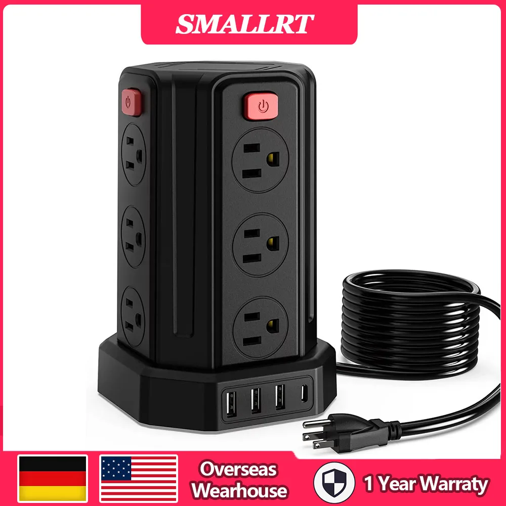 SMALLRT Surge Protector Power Strip Tower with 12 Outlets 4 USB Ports, 10ft Cord Electric Charging Station