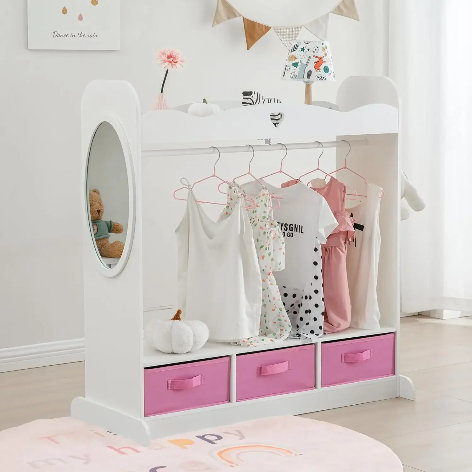 Kids Armoire Dress-Up Closet w/Mirror,Open Hanging Wardrobe w/Clothes Rack,Toddlers Pretend Play Costume Storage Dresser