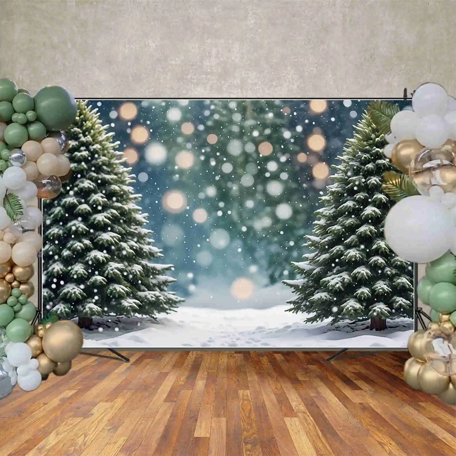MOON.QG Christmas Outdoor Backdrops Children Field Winter Snow Pine Trees Backgrounds Custom Party Decoration Photo Shoot Props