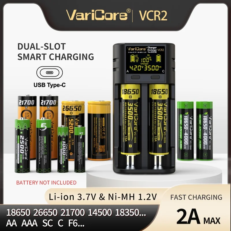 Varicore 18650 Battery Charger VCR4 VCR2 for 1.2V 3.7V NiMH 26650 21700 18350 18500 14500 AA AAA Rechargeable Batteries